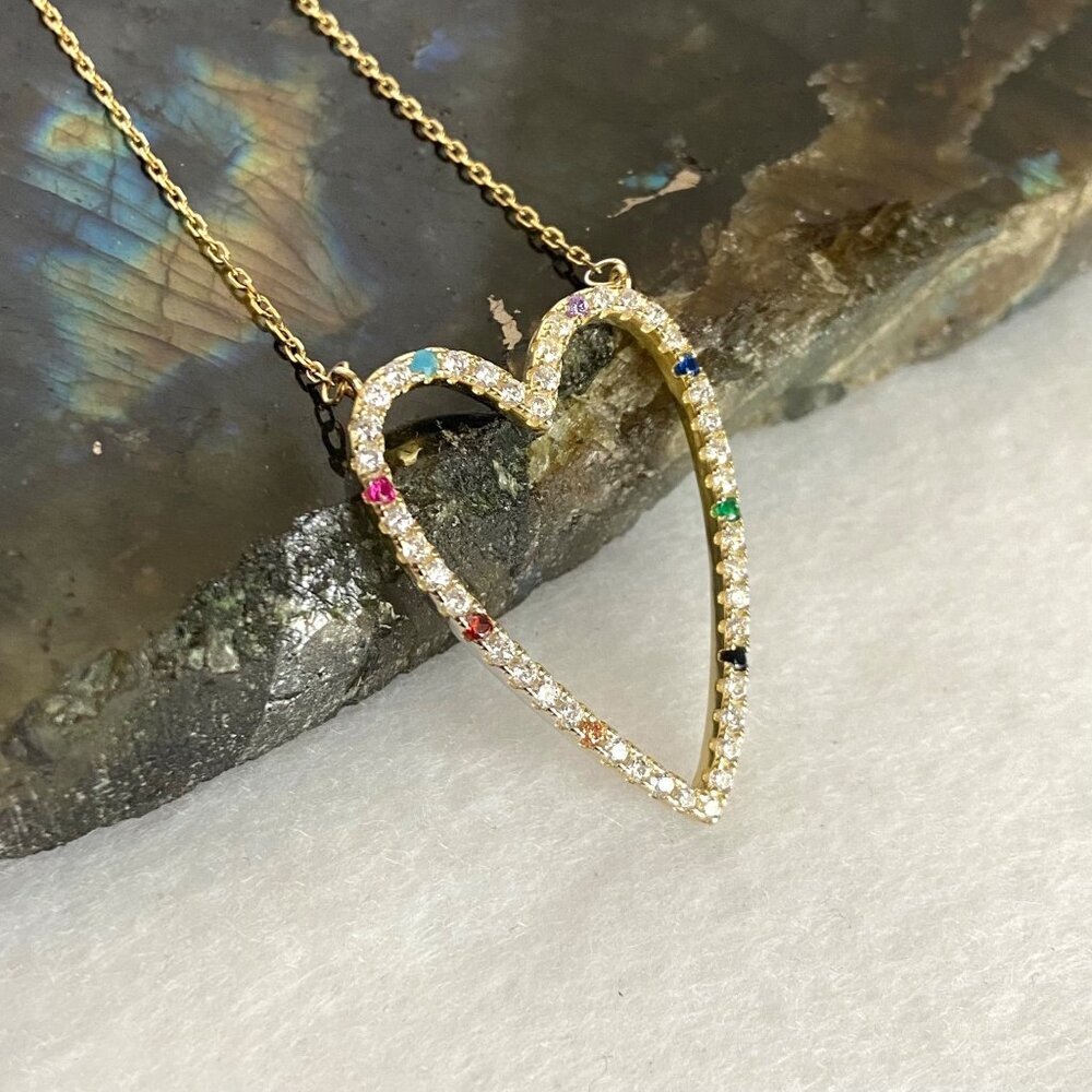 Gold Vermeil Sterling Silver 925 Open Heart Rainbow Pave Pendant Necklace 16-18" - Picture 7 of 16